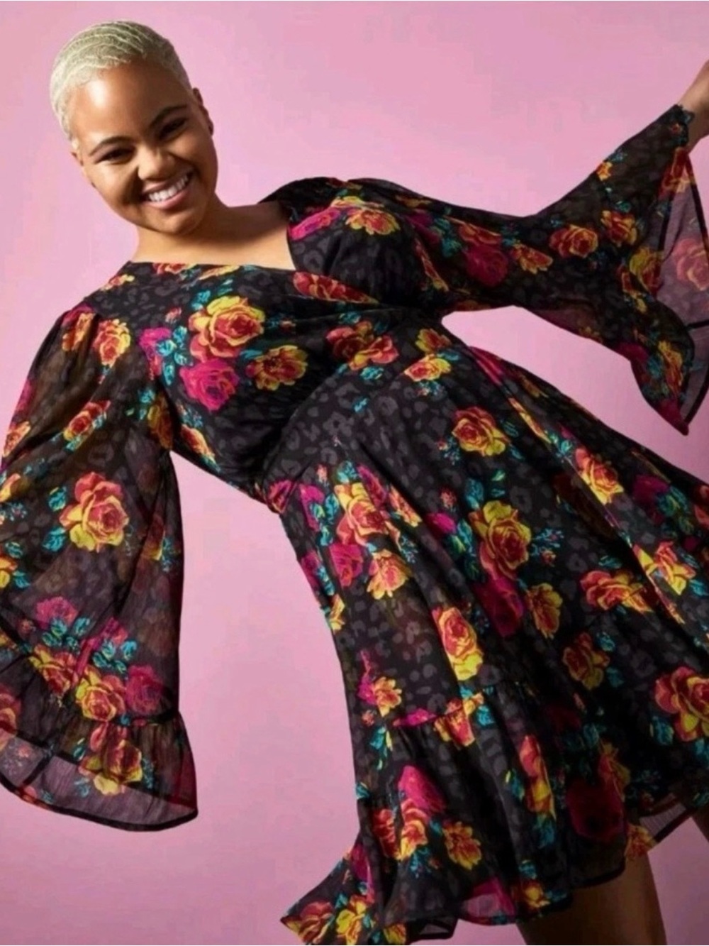 torrid Betsy Johnson Black Floral Long-Sleeve Bell Dress